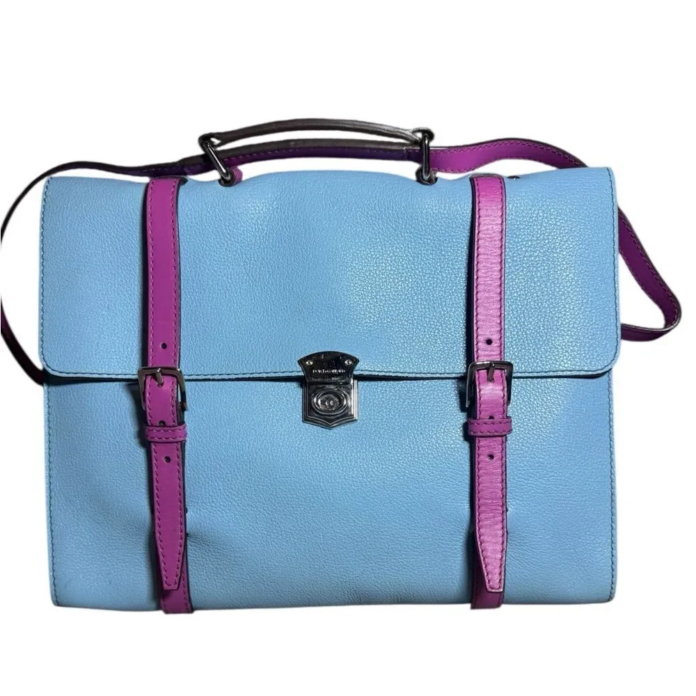 DOLCE & GABBANA Blue Leather Briefcase Backpack Top Handle Satchel Fuchsia Strap